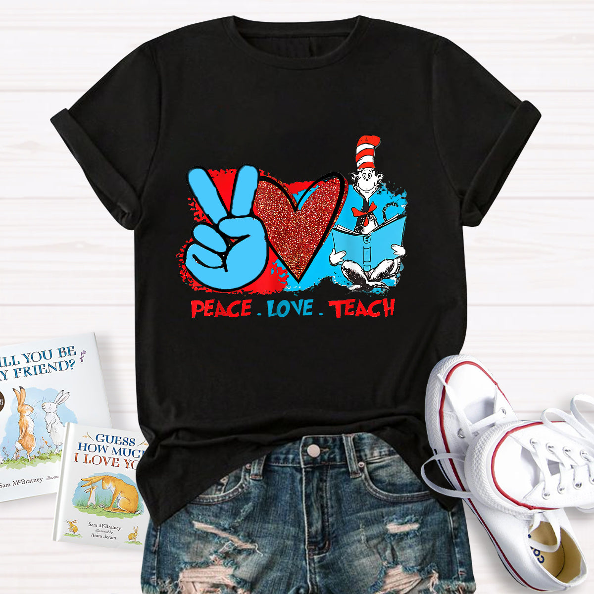 Peace Love Teach Children's Books T-Shirt