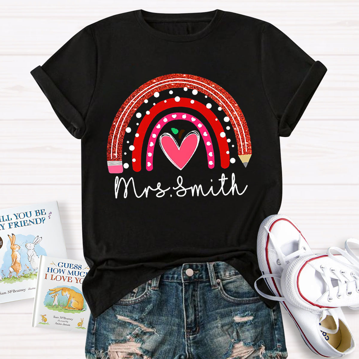 Personalized Name Rainbow Pencil Heart-Shaped Apple Teacher T-Shirt