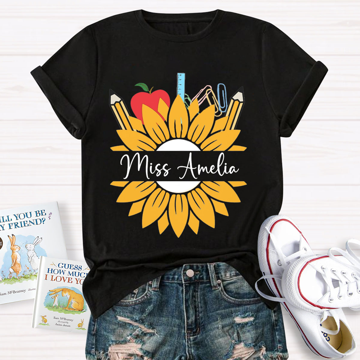 Personalized Name Sunflower Apple Pencil Teacher T-Shirt