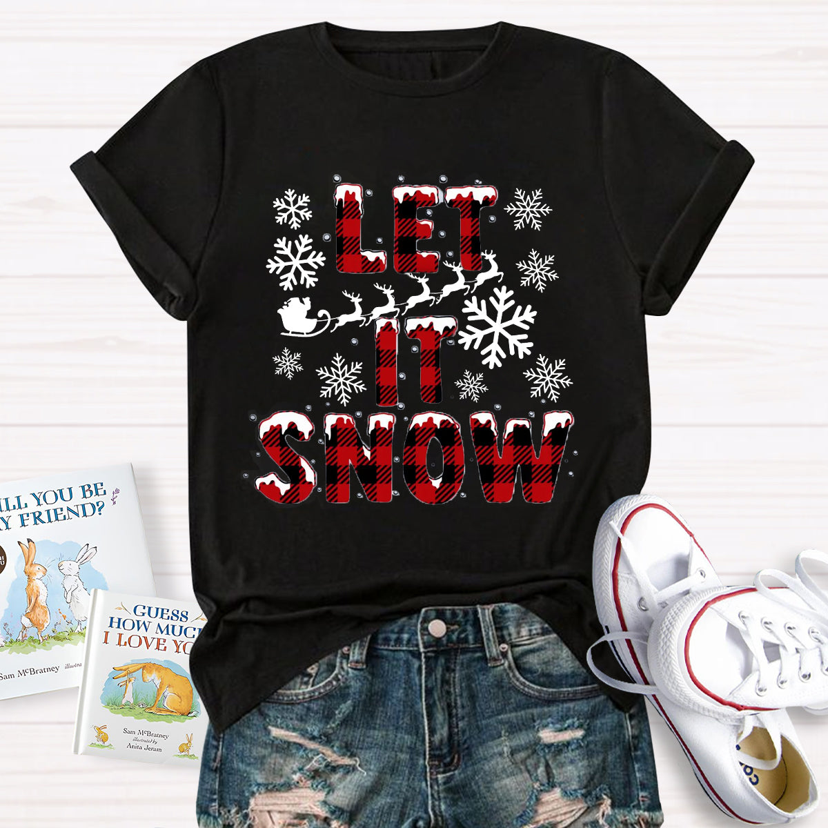 Let It Snow Red Plaid Teacher T-Shirt