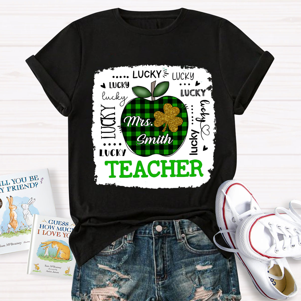 Personalized Name Lucky Teacher Green Apple T-Shirt