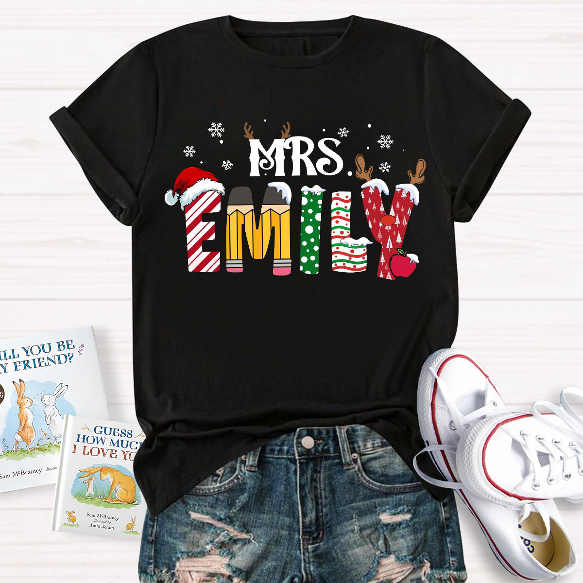 Personalized Name Christmas Teacher Emily T-Shirt