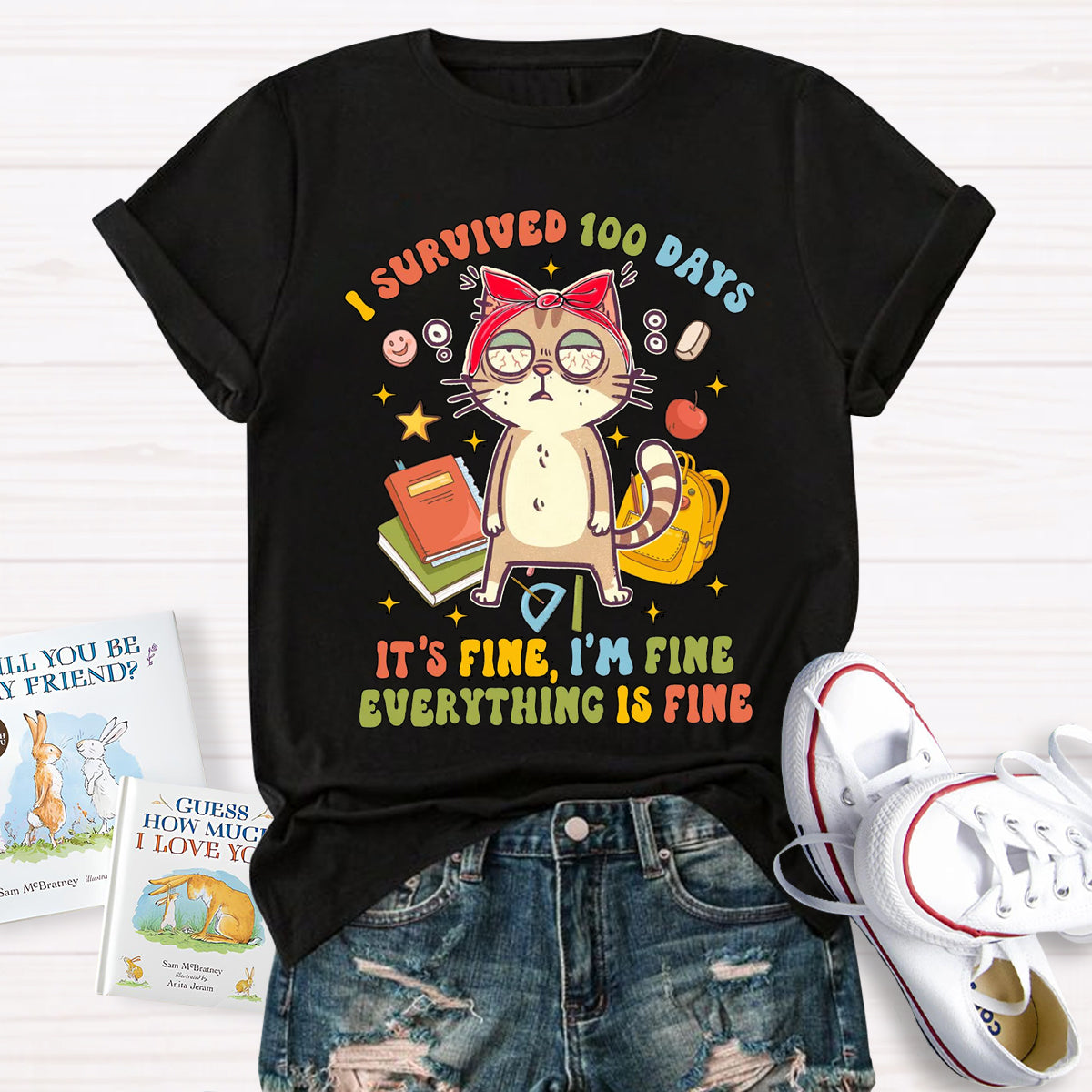 I Survived 100 Days Everything Is Fine Funny Cat  T-Shirt