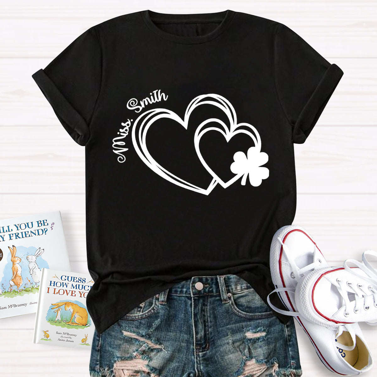 Personalized Name Heart Shamrock Teacher T-Shirt