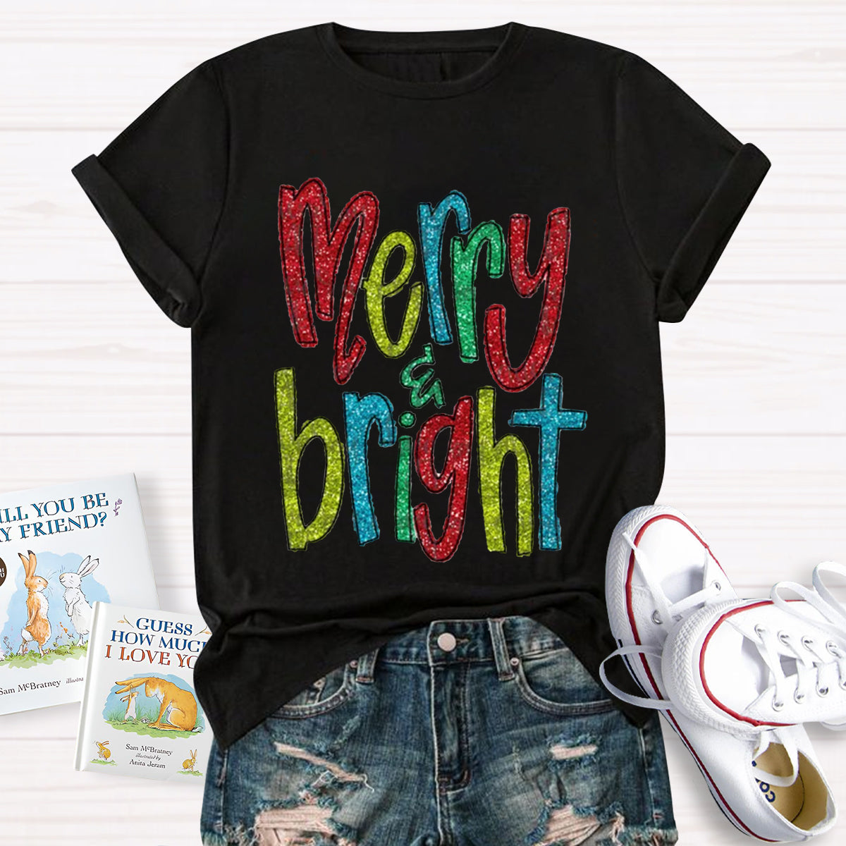 Glitter Merry And Bright Teacher T-Shirt