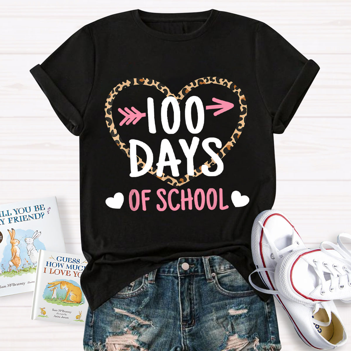 100 Days Of School Leopard Heart T-Shirt