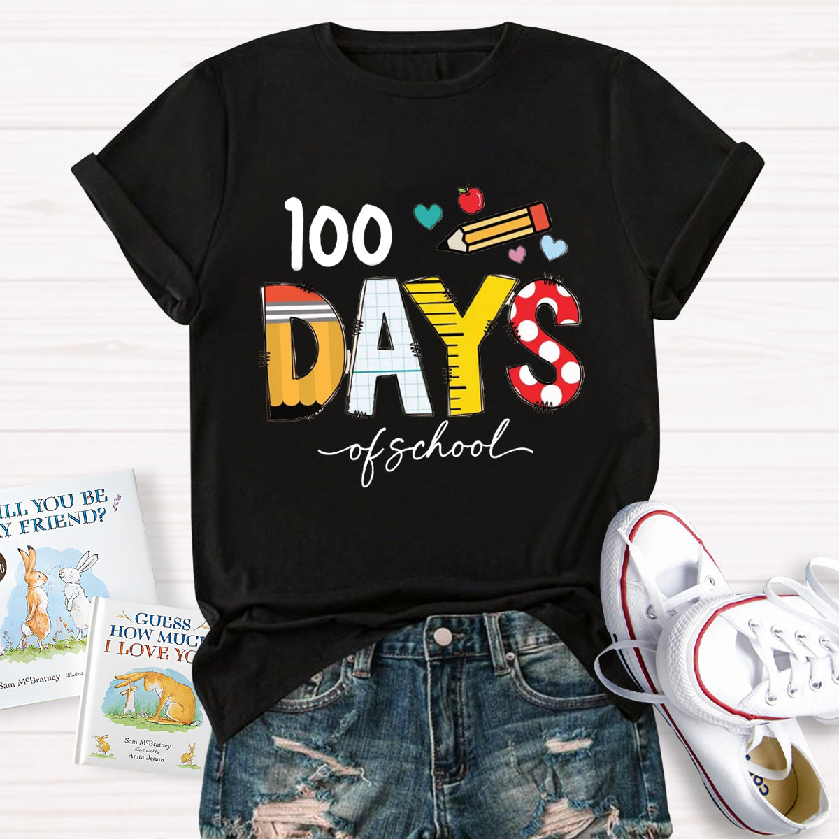 100 Days Of School Pencil Apple Teacher T-Shirt