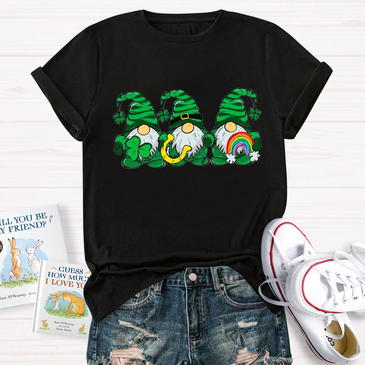 Three St Patricks' Day Gnome With Rainbow T-Shirt