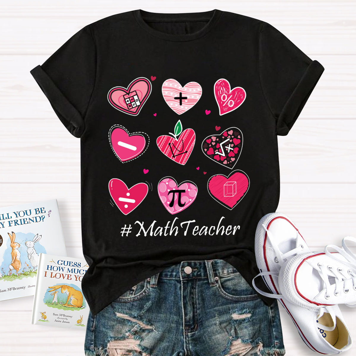 Pink Heart Math Symbols Teacher T-Shirt