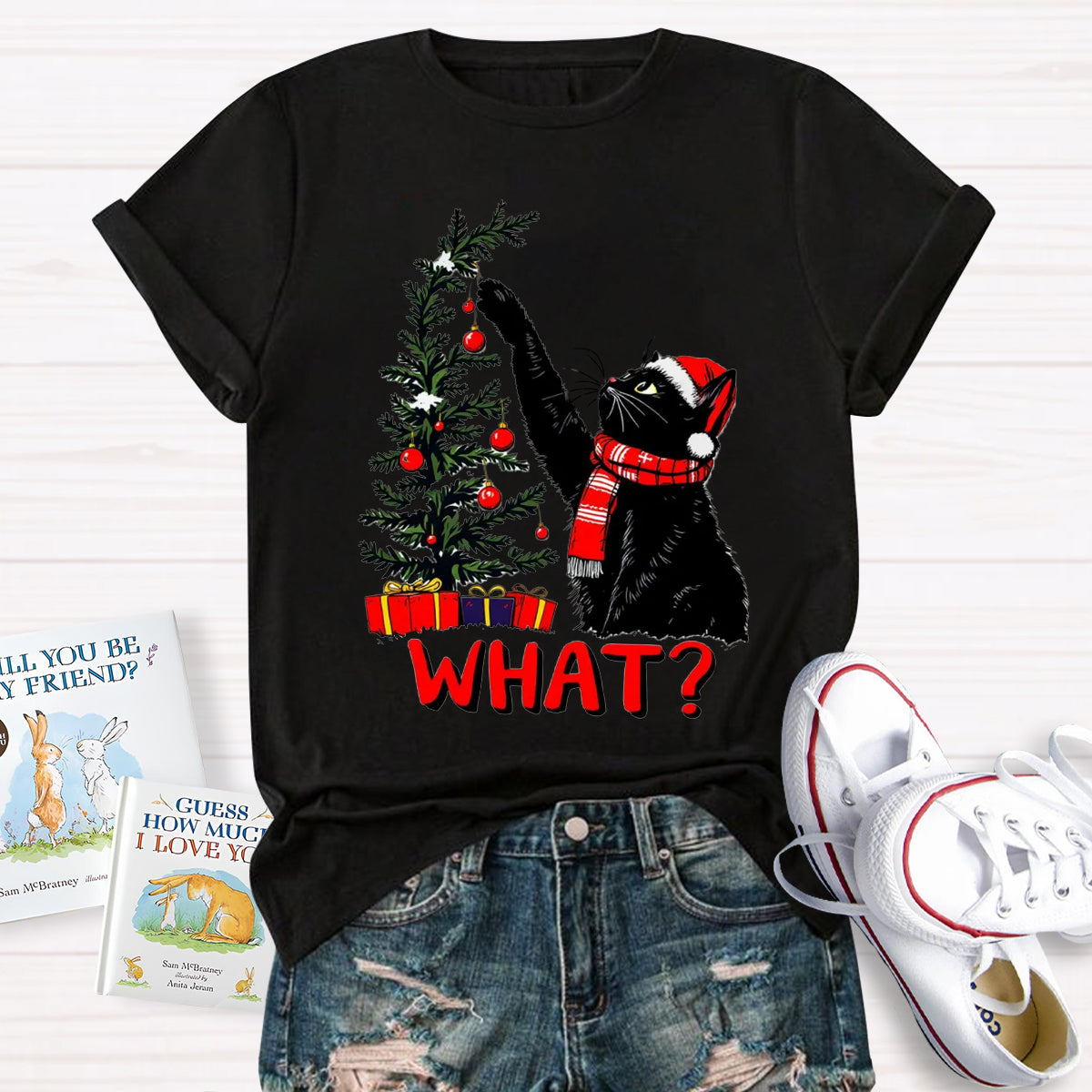 Black Cat Pushing Christmas Tree T-Shirt