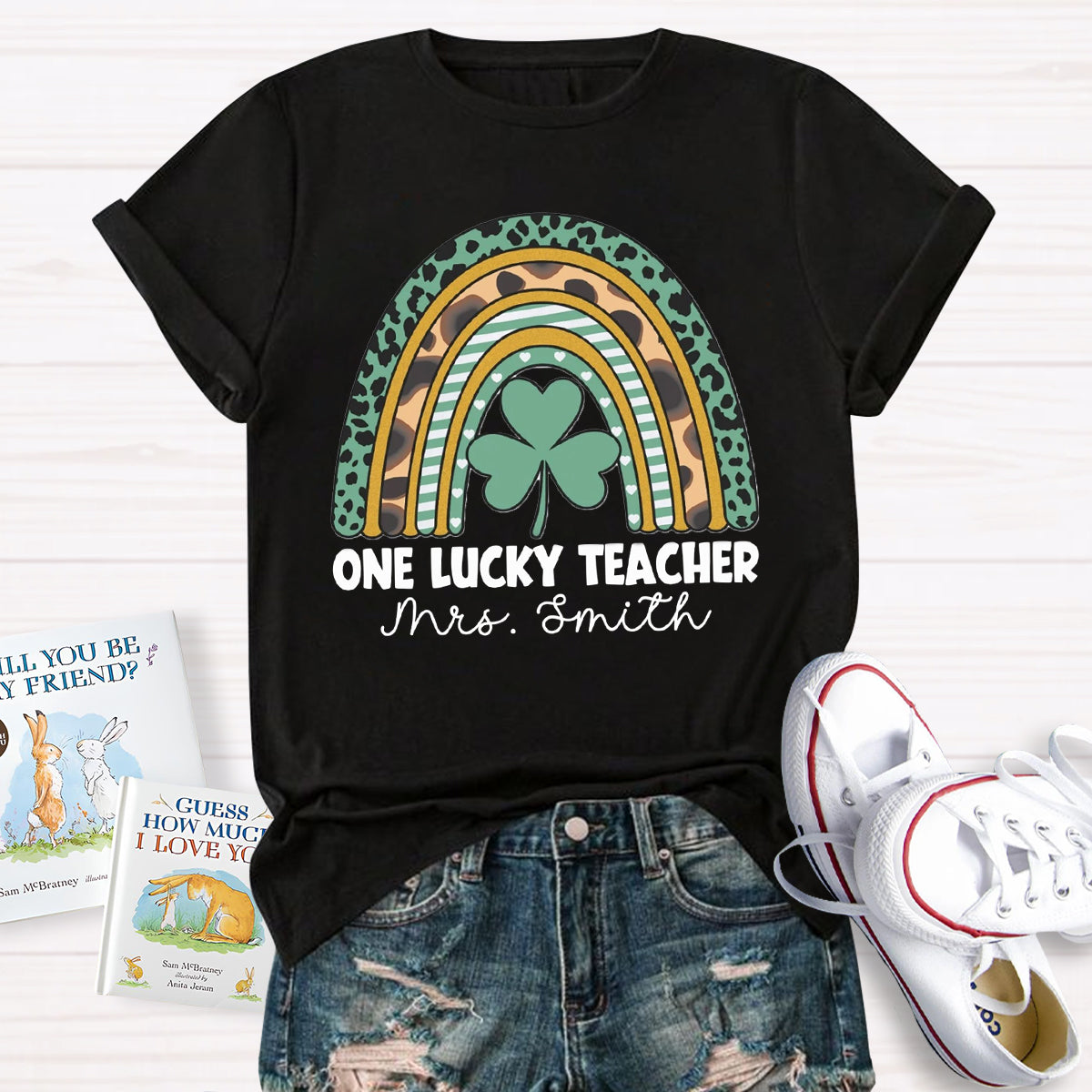 Personalized Name One Lucky Teacher Leopard Rainbow T-Shirt