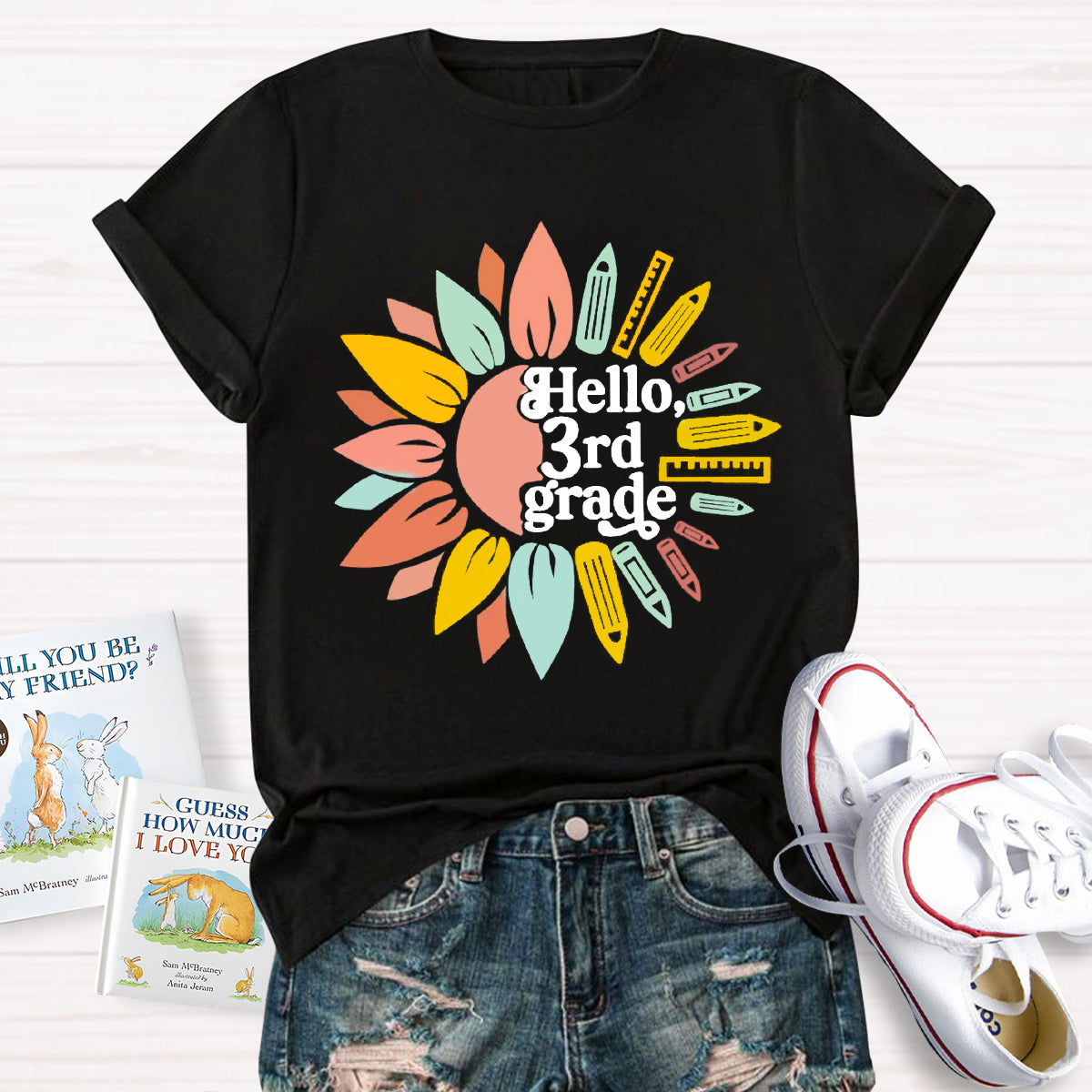 Personalized Grade Hello 3rd Grade Sunlower Teacher T-Shirt