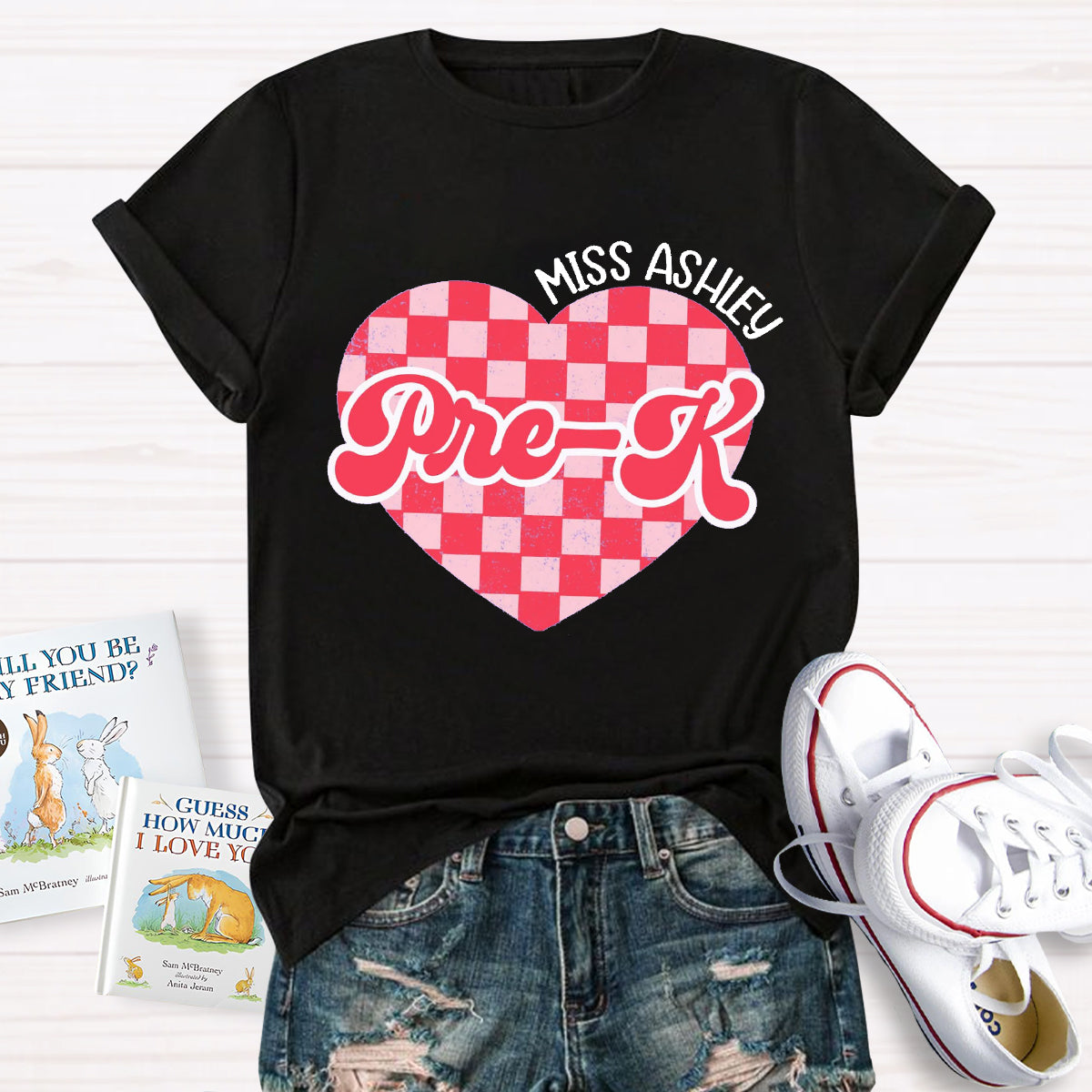 Personalized Name And Grade Pink Heart Teacher T-Shirt