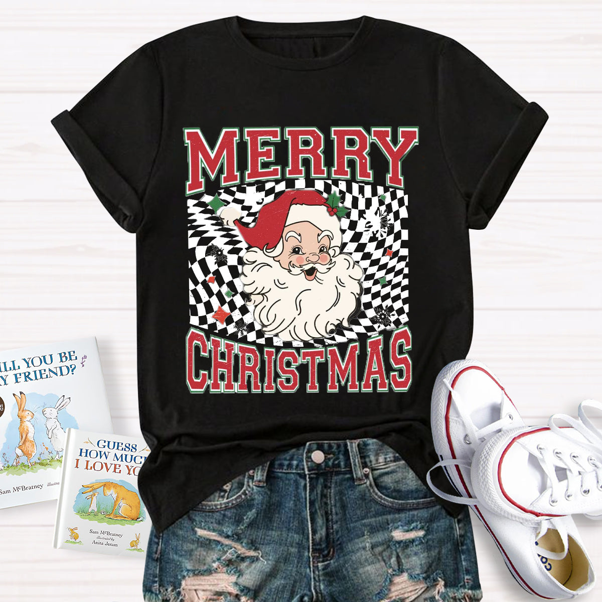 Merry Christmas Plaid Print Santa T-Shirt