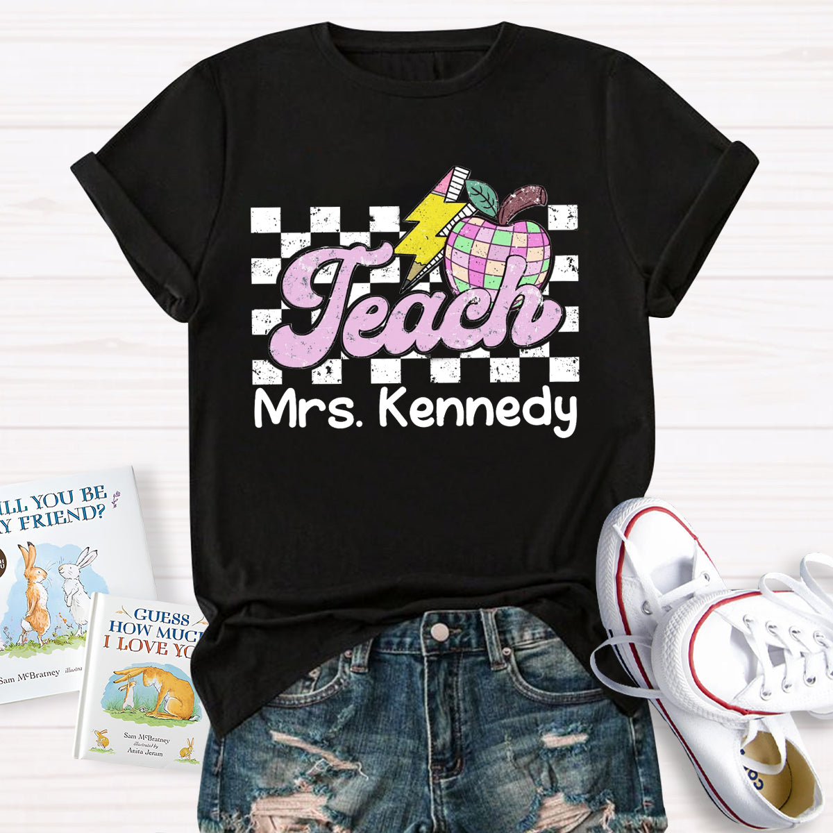 Personalized Teacher Name Retro Checkered Teacher T-Shirt