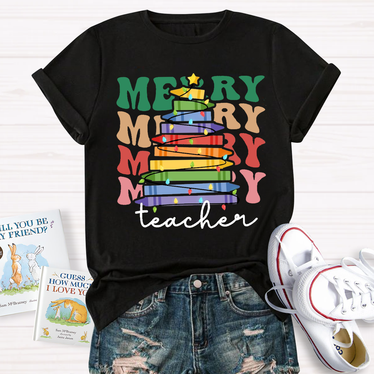 Crayon Christmas Tree Teacher T-Shirt