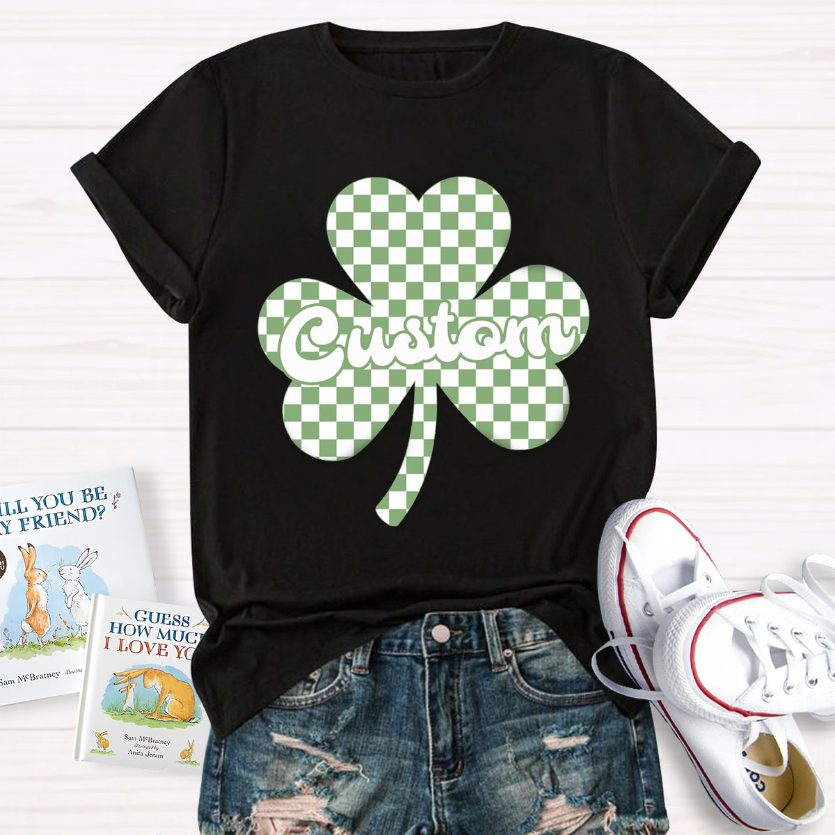 Personalized Name Checkered Clover Teacher T-Shirt