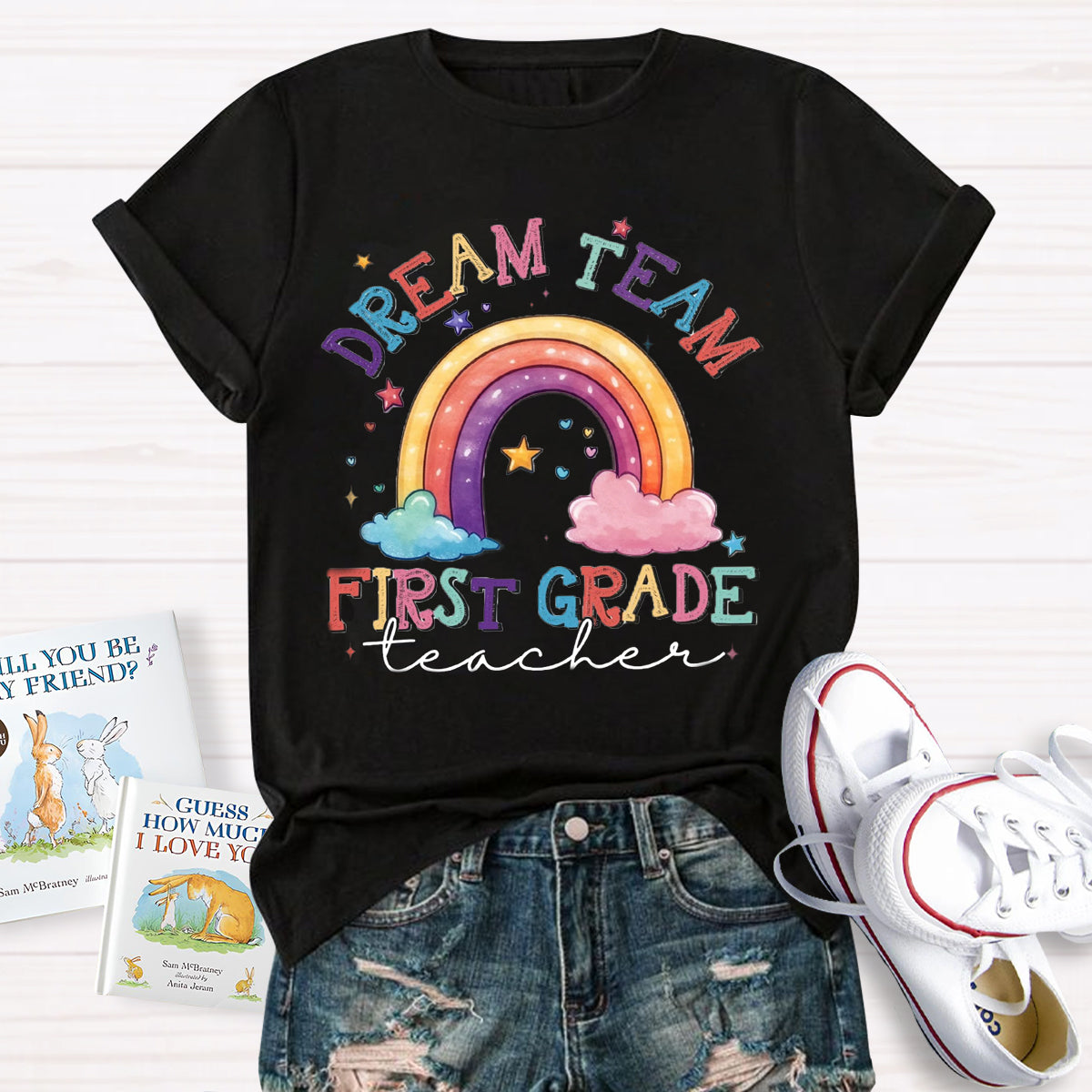 Personalized Grade Dream Team Teacher Rainbow T-Shirt