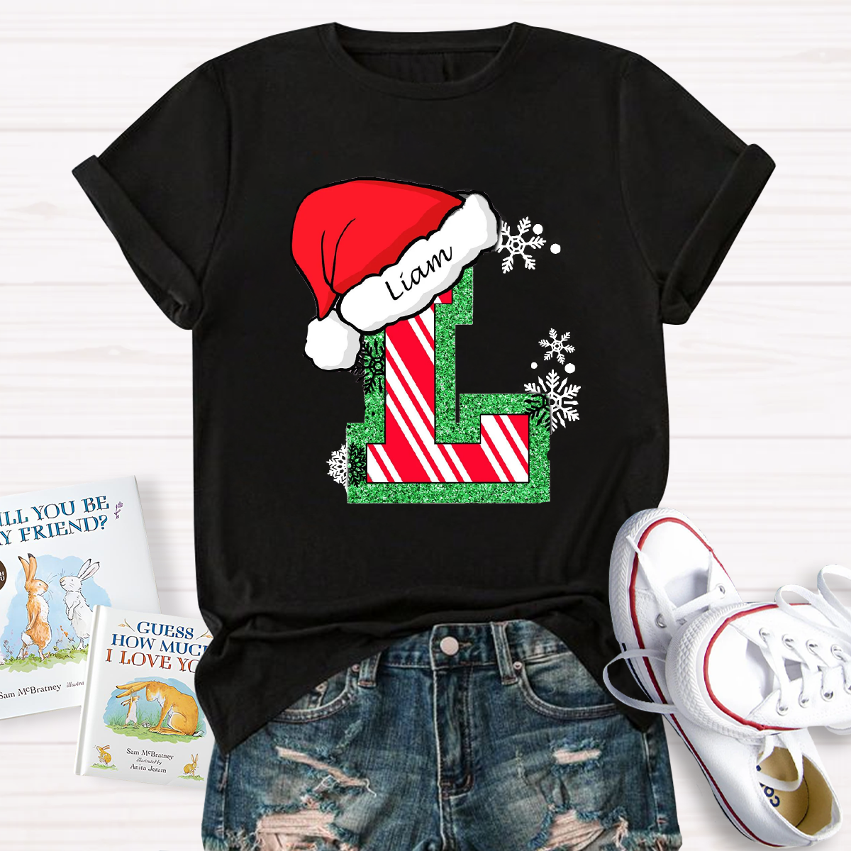 Personalized Name Merry Christmas Santa Holiday Green Red Glitter T-Shirt