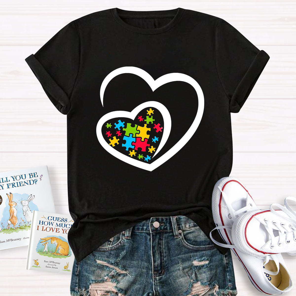 Love Ribbon Heart Puzzle Autism Awareness T-Shirt