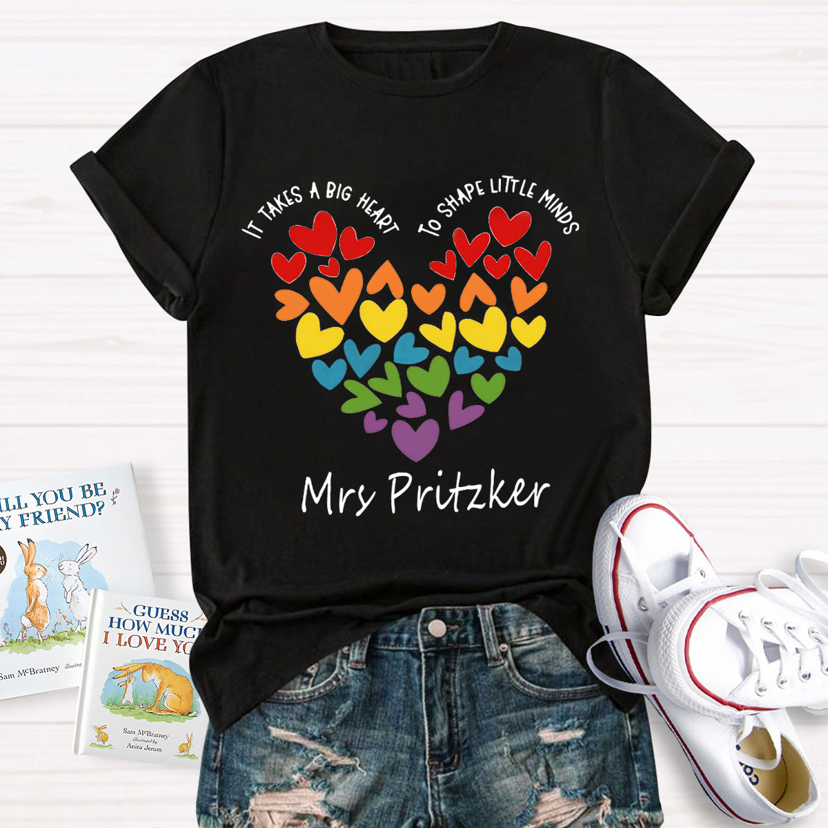 Personalized Name It Takes A Big Heart To Shape Little Minds Teacher T-Shirt