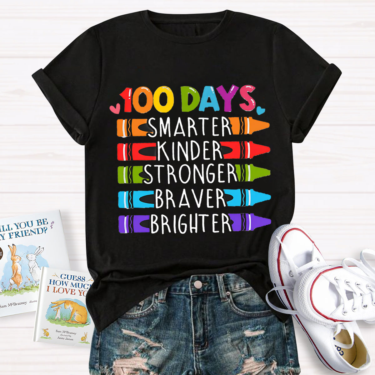 100 Days Smarter Kinder Stronger Crayon T-Shirt