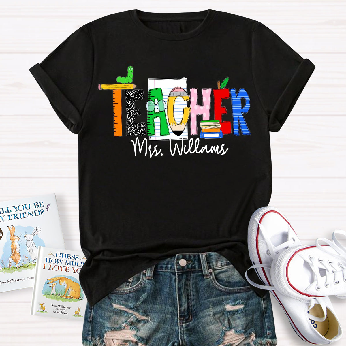 Personalized Teacher Name Caterpillar Exploring Knowledge Teacher T-Shirt