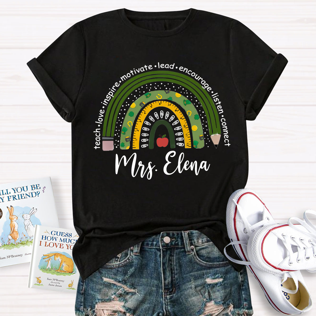 Personalized Name Green Rainbow Teach Love Inspire T-Shirt