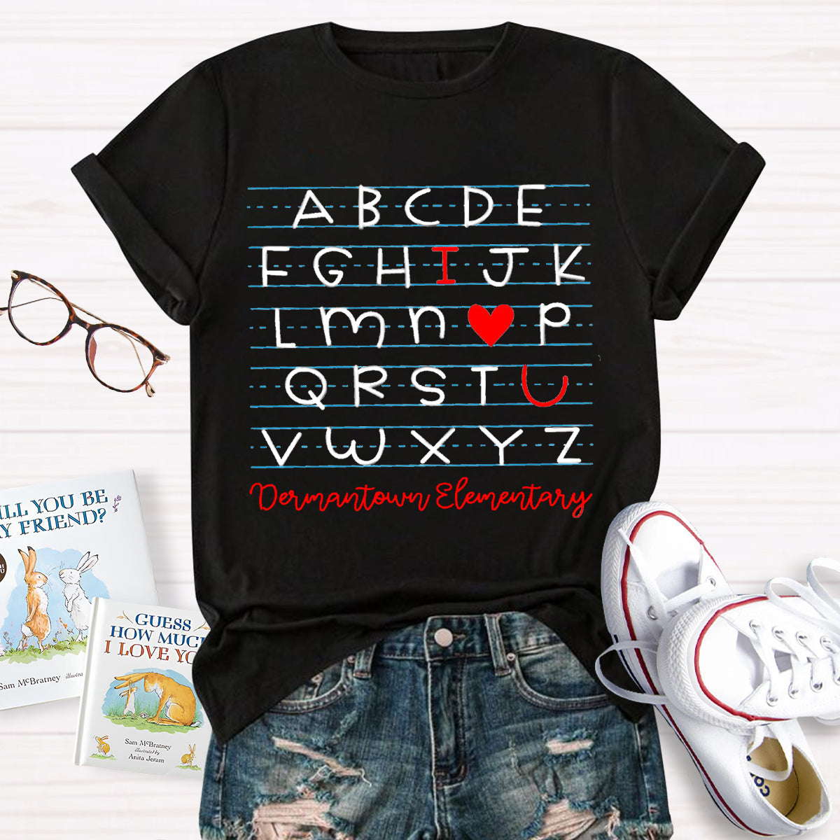 Personalized School Name I Love You Alphabet Teacher T-Shirt