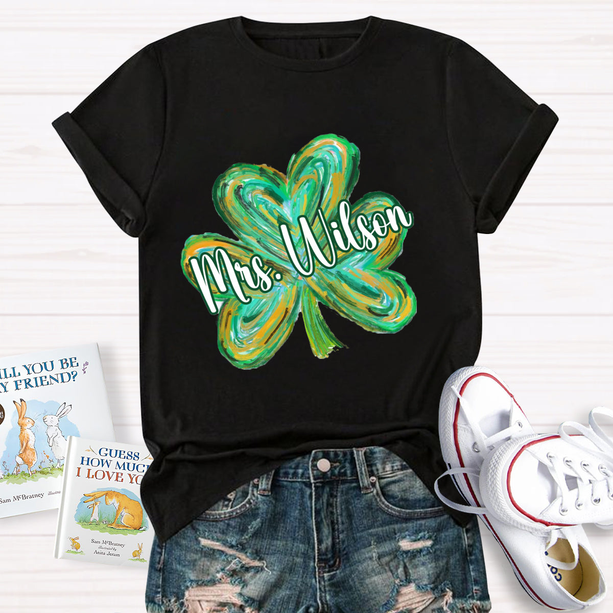 Personalized Name Colorful Shamrock Teacher T-Shirt