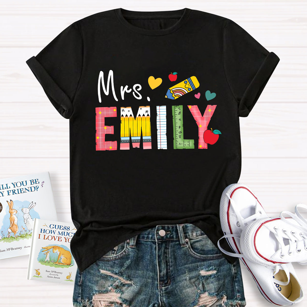 Personalized Name Apple Pencil Teacher Emily T-Shirt