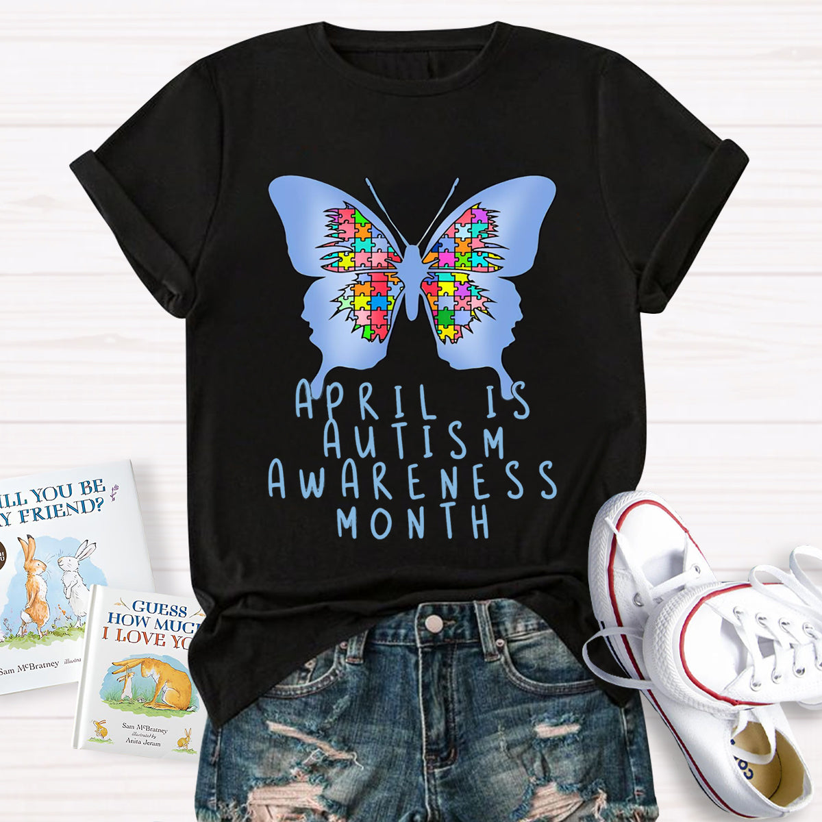 April is Autism Awareness Month with Blue Butterfly T-Shirt