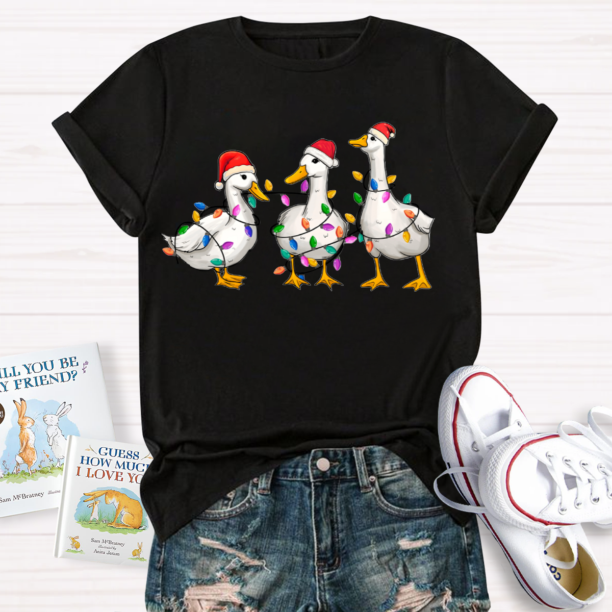 Christmas Ducks With Colorful Lights Teacher T-Shirt