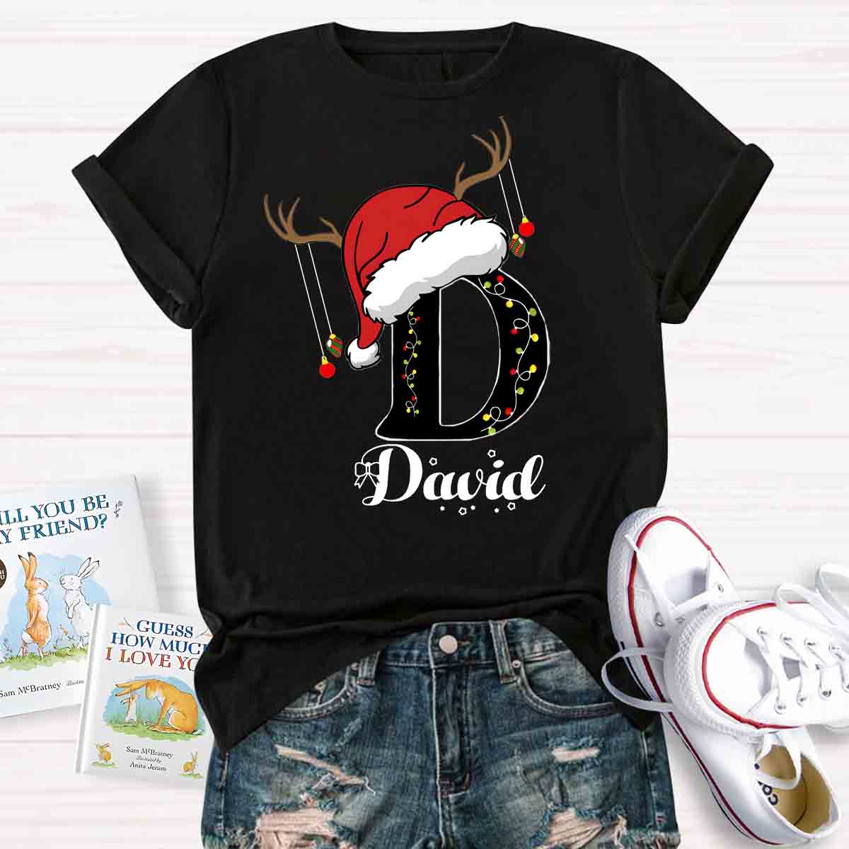 Personalized Name Santa Hat Design T-shirt