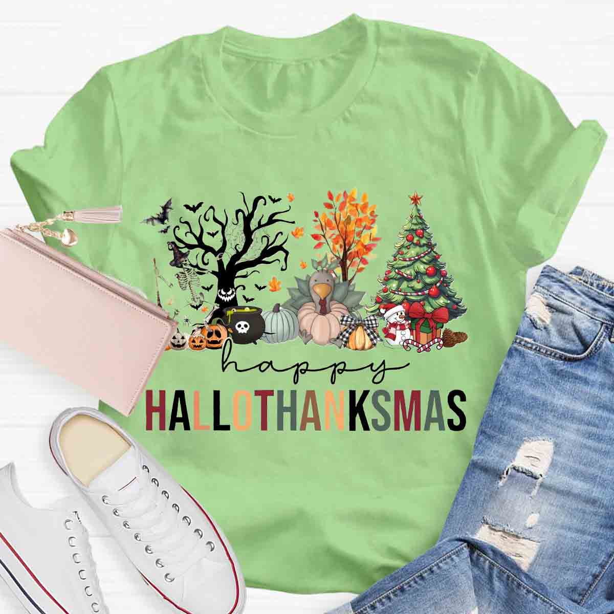 Happy Hallothanksmas Halloween Fall and Christmas T-shirt