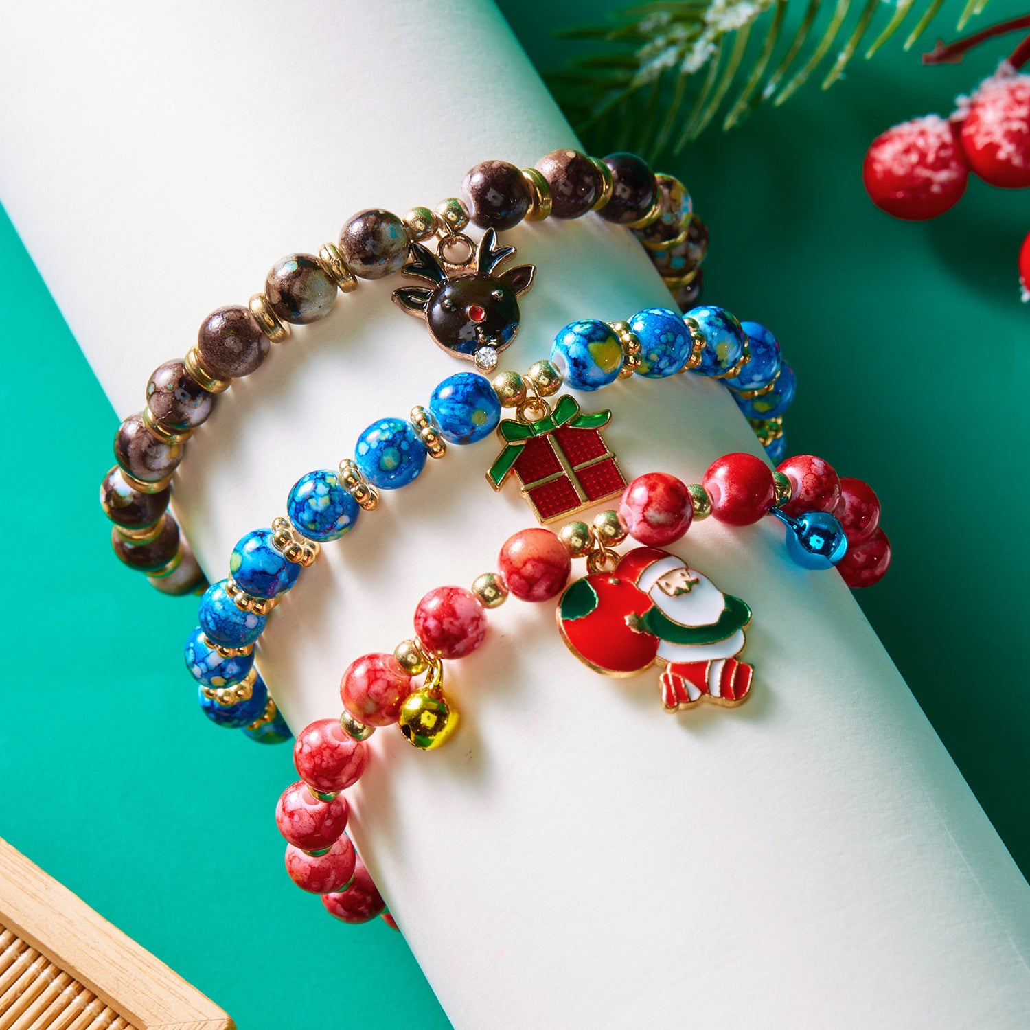 Christmas Tree Santa Snowman Bracelet Set