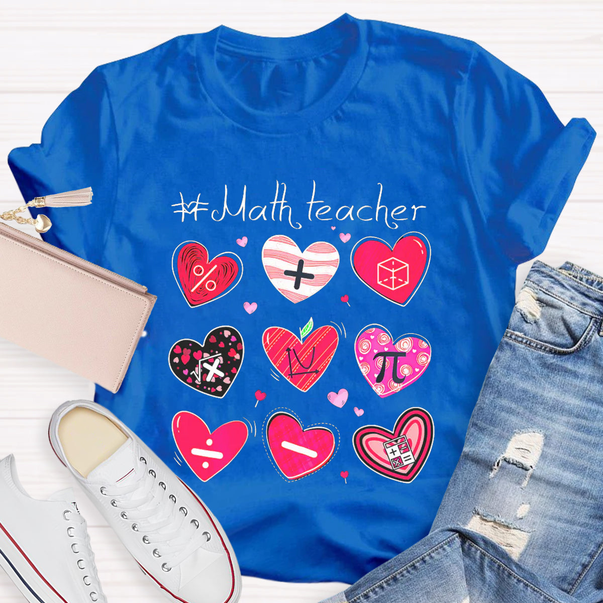 Red Heart Math Symbols Teacher T-Shirt