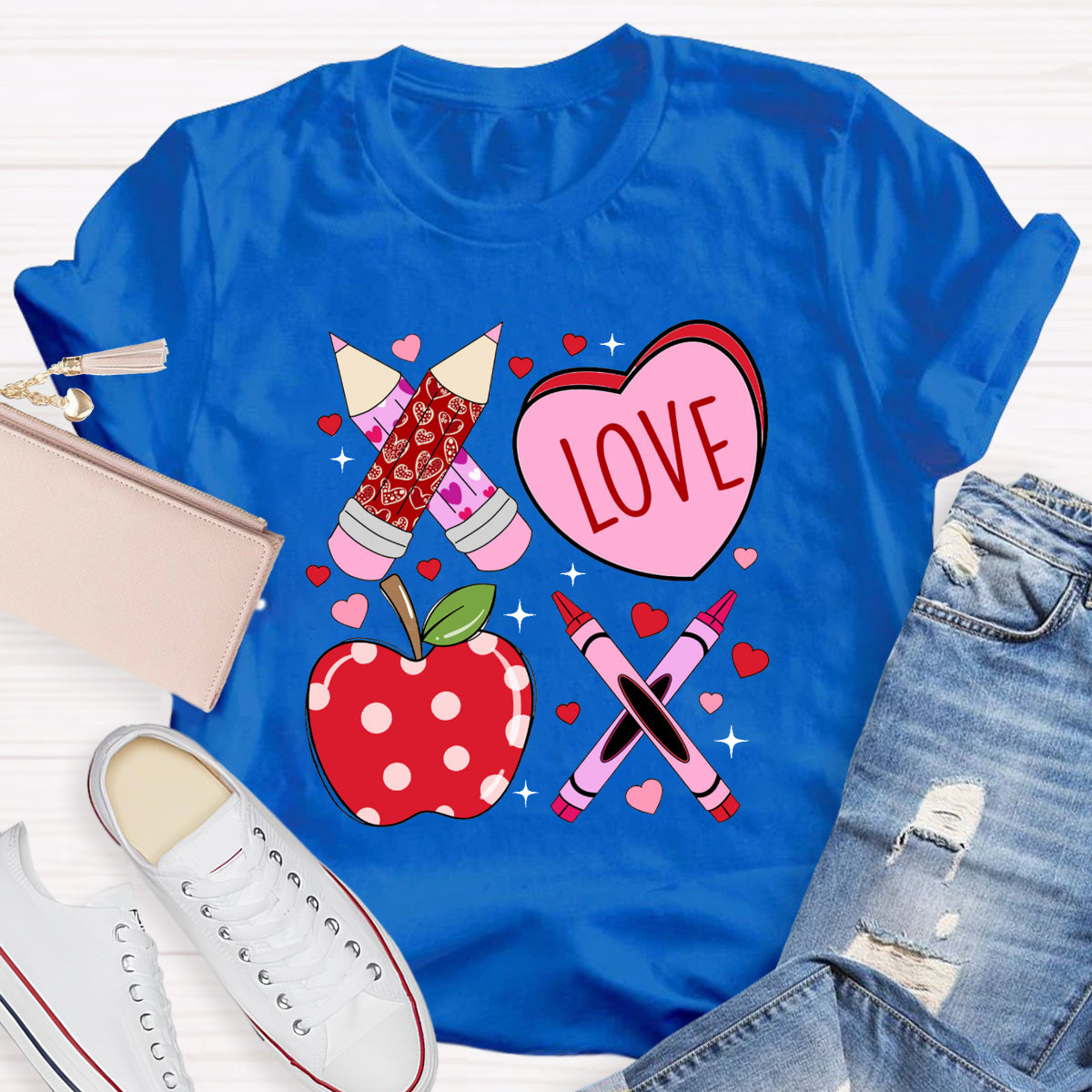 Pink Pencil And Apple Love Teacher T-Shirt