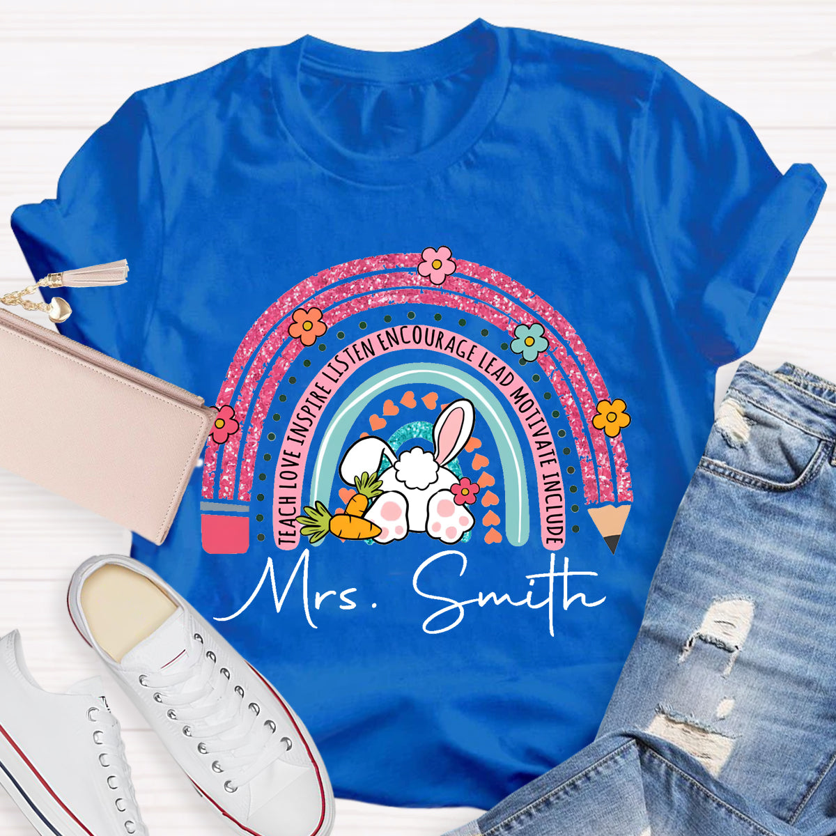 Personalized Name Easter Pink Pencil Rainbow T-Shirt