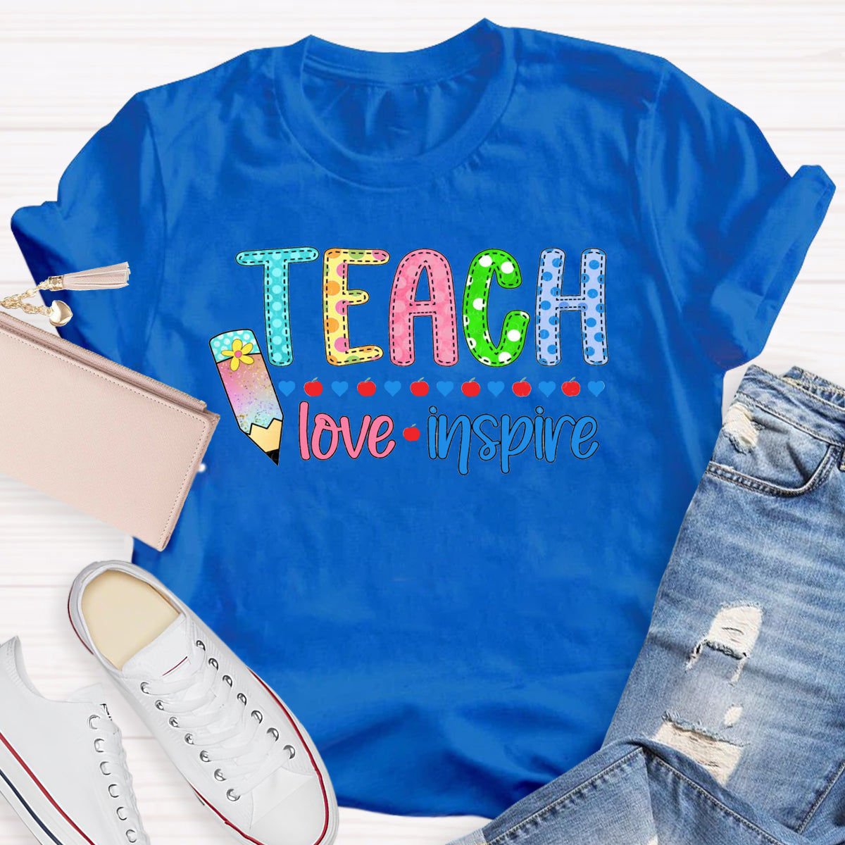 Teach Love Inspire Pencil Apple Printed T-Shirt