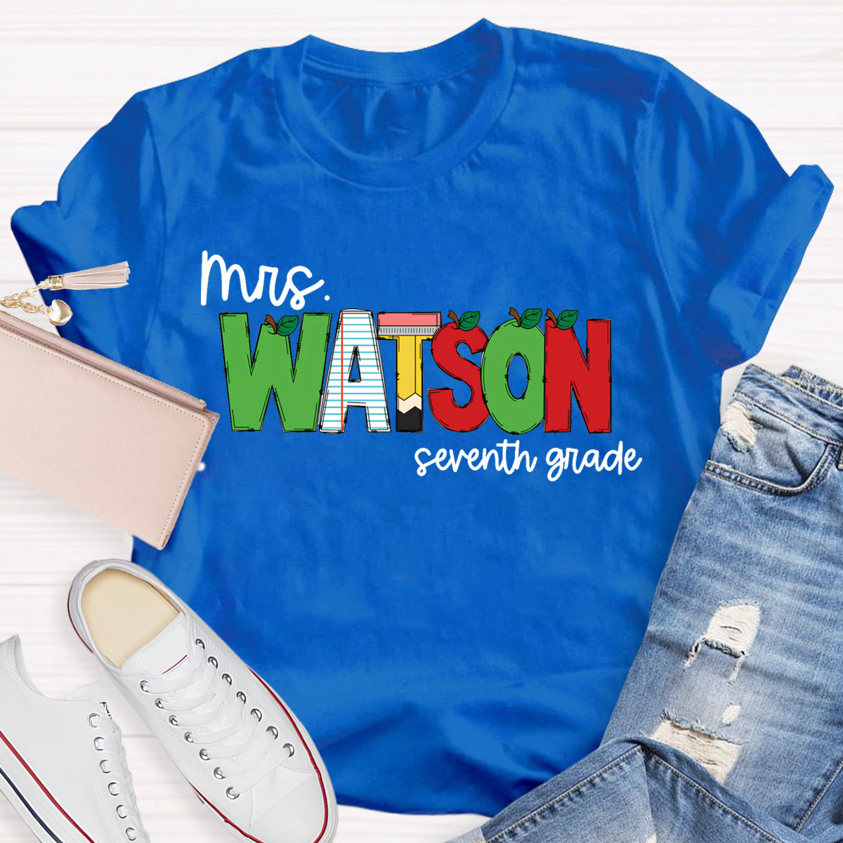 Personalized Name And Grade Green Red Color Block Teacher T-Shirt