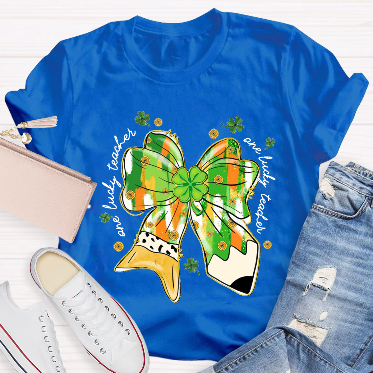 One Lucky Teacher Green Bow T-Shirt