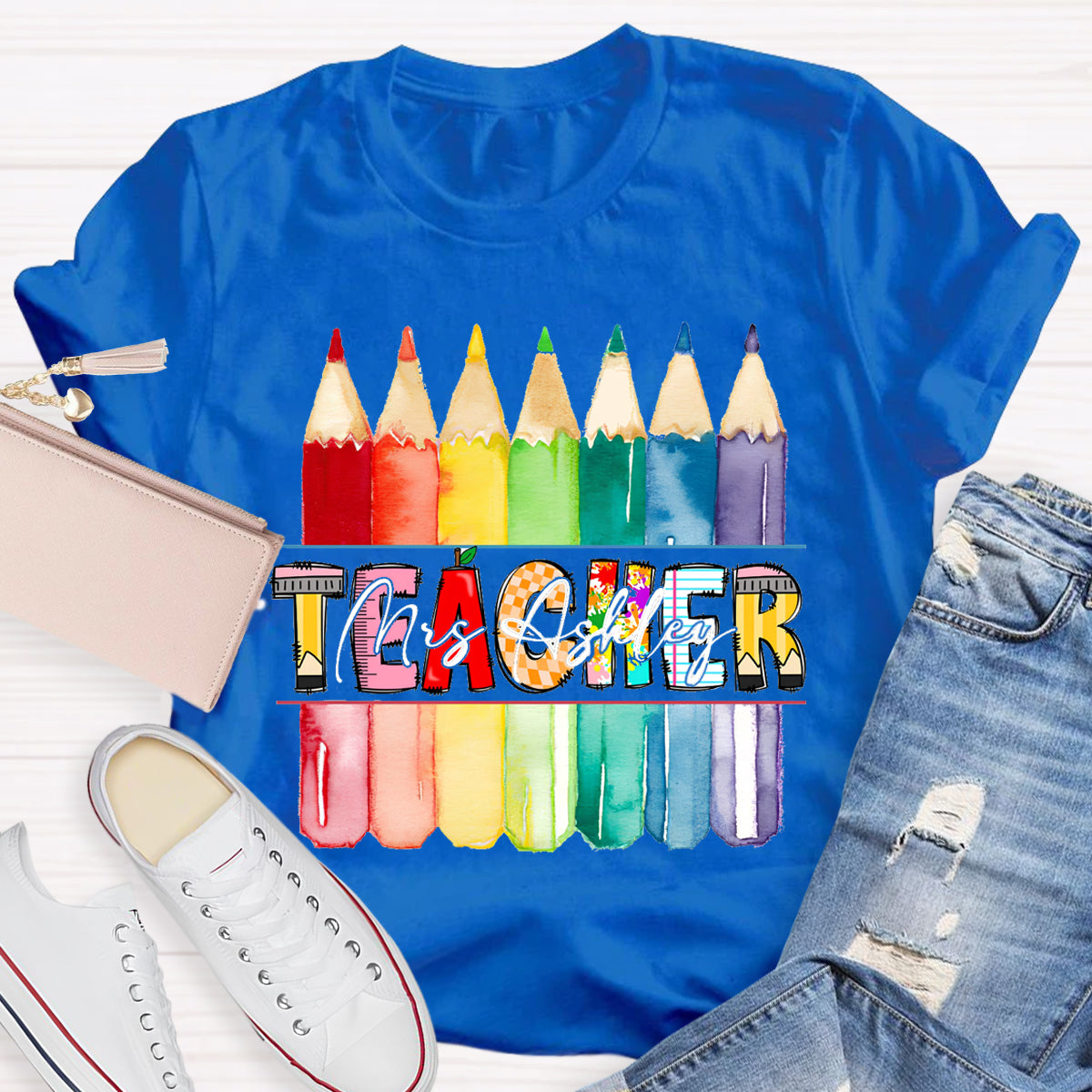 Personalized Teacher's Name Colorful Pencil T-Shirt