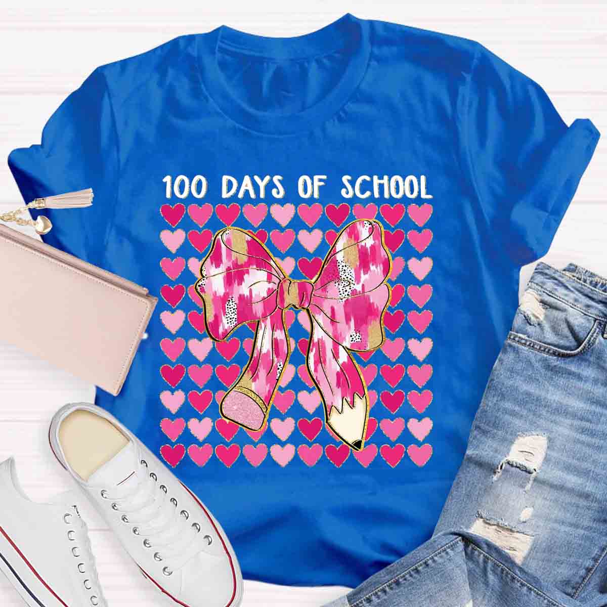 100 Days Of School Pink Heart Bow Teacher T-Shirt