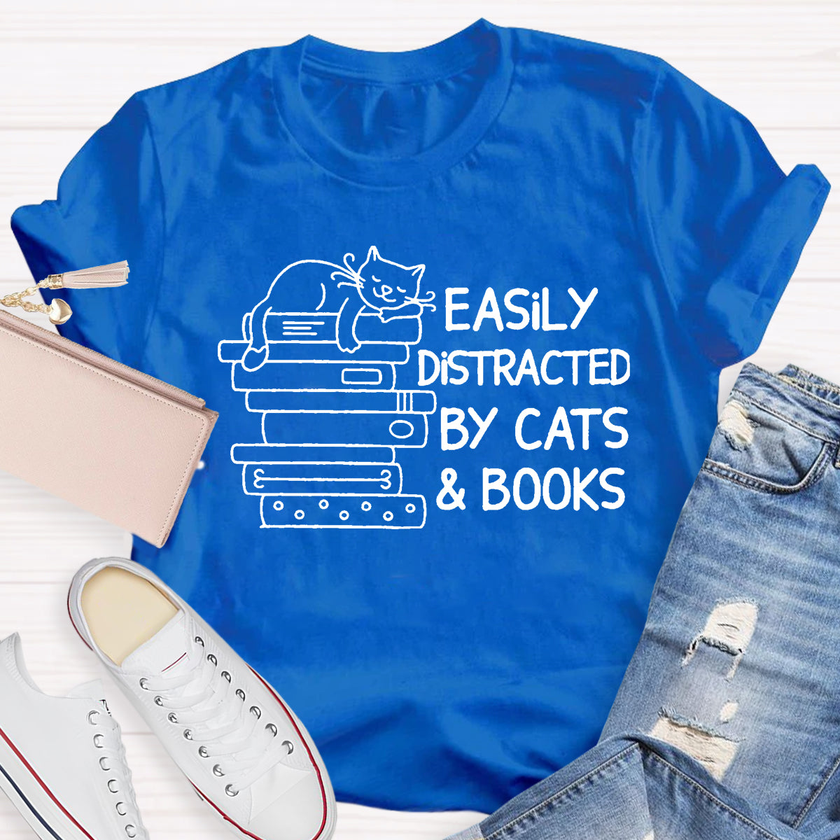 Easily Distracted By Cats And Books Teacher T-Shirt