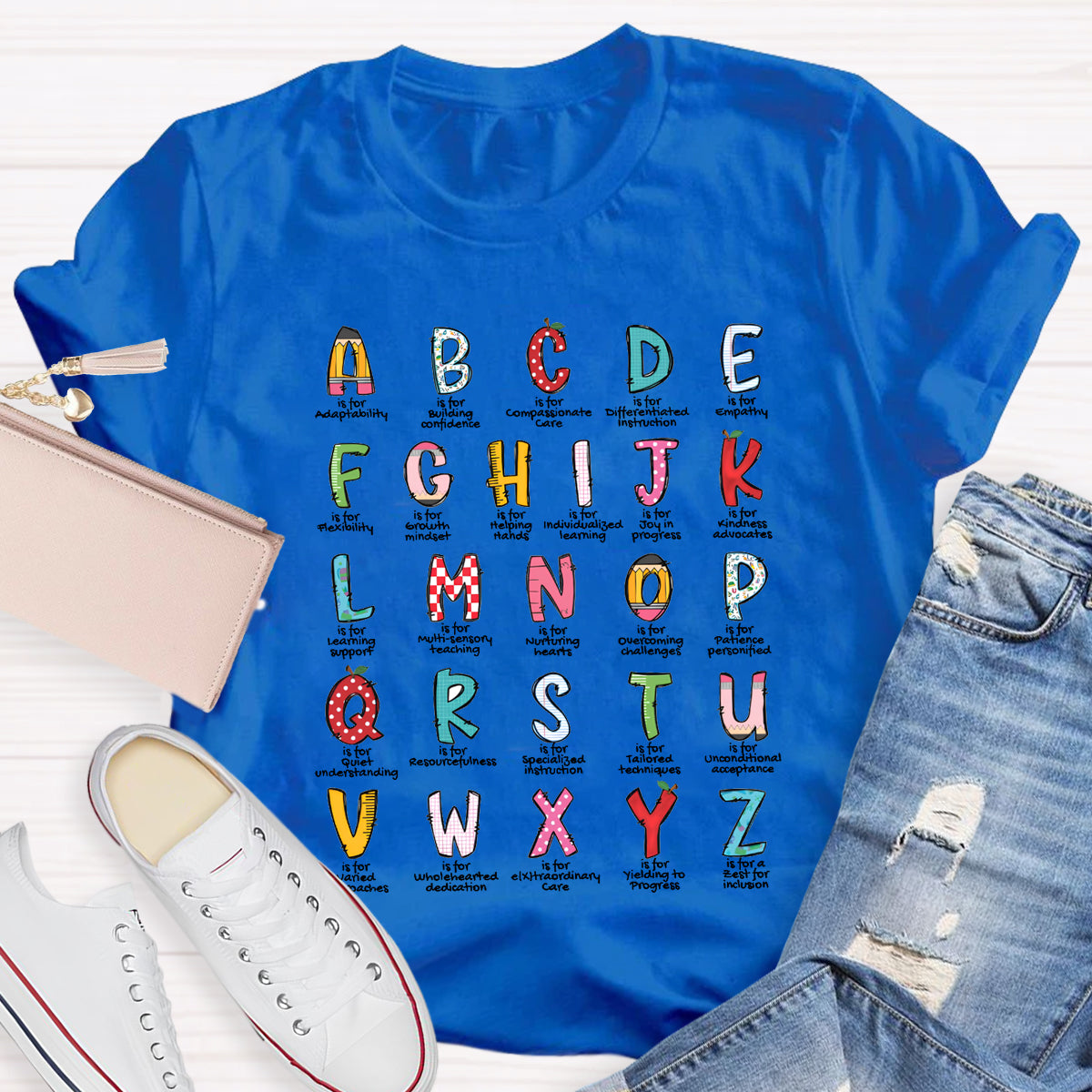 Colorful Plaid Design Alphabet Teacher T-Shirt