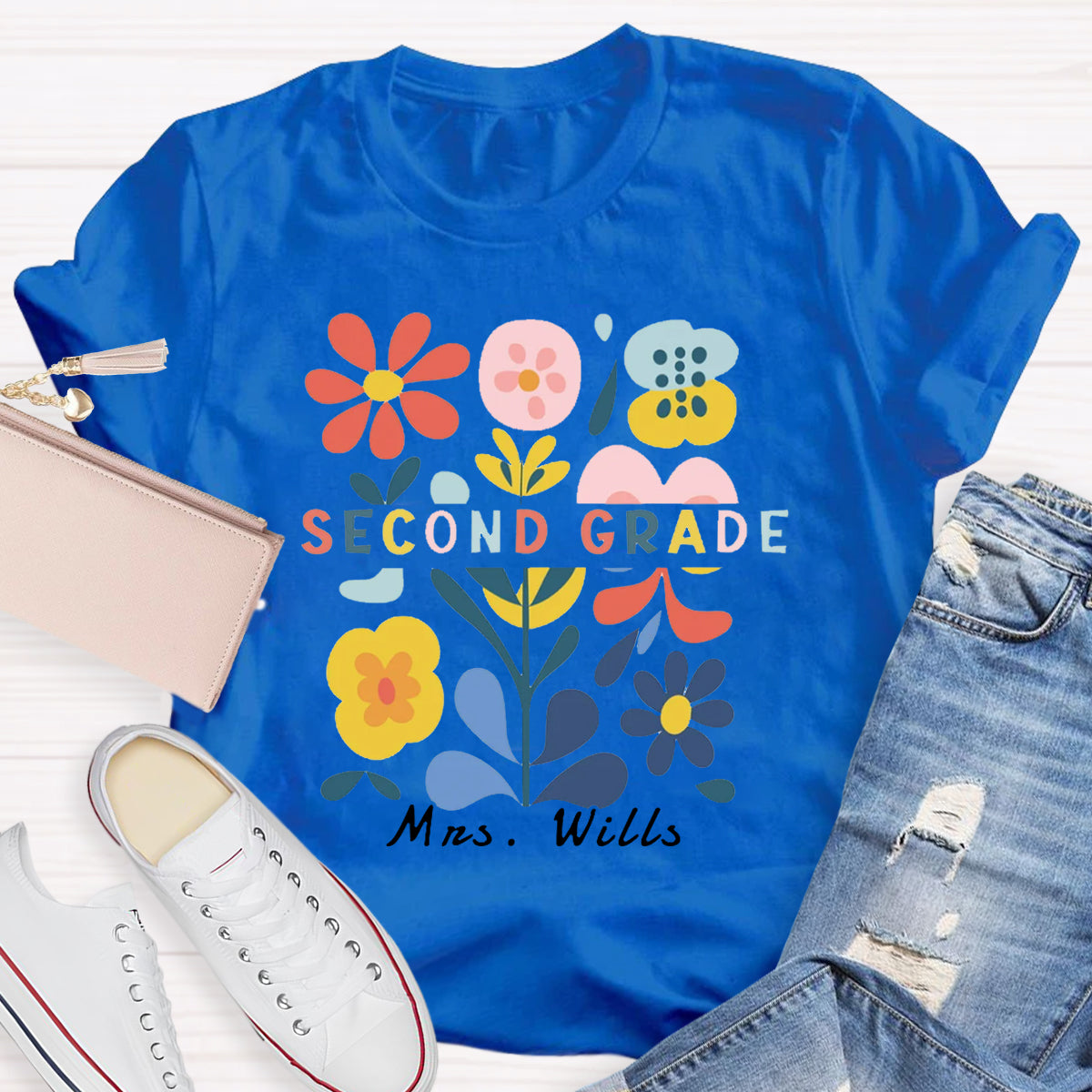 Personalized Name And Grade Floral Teacher T-Shirt