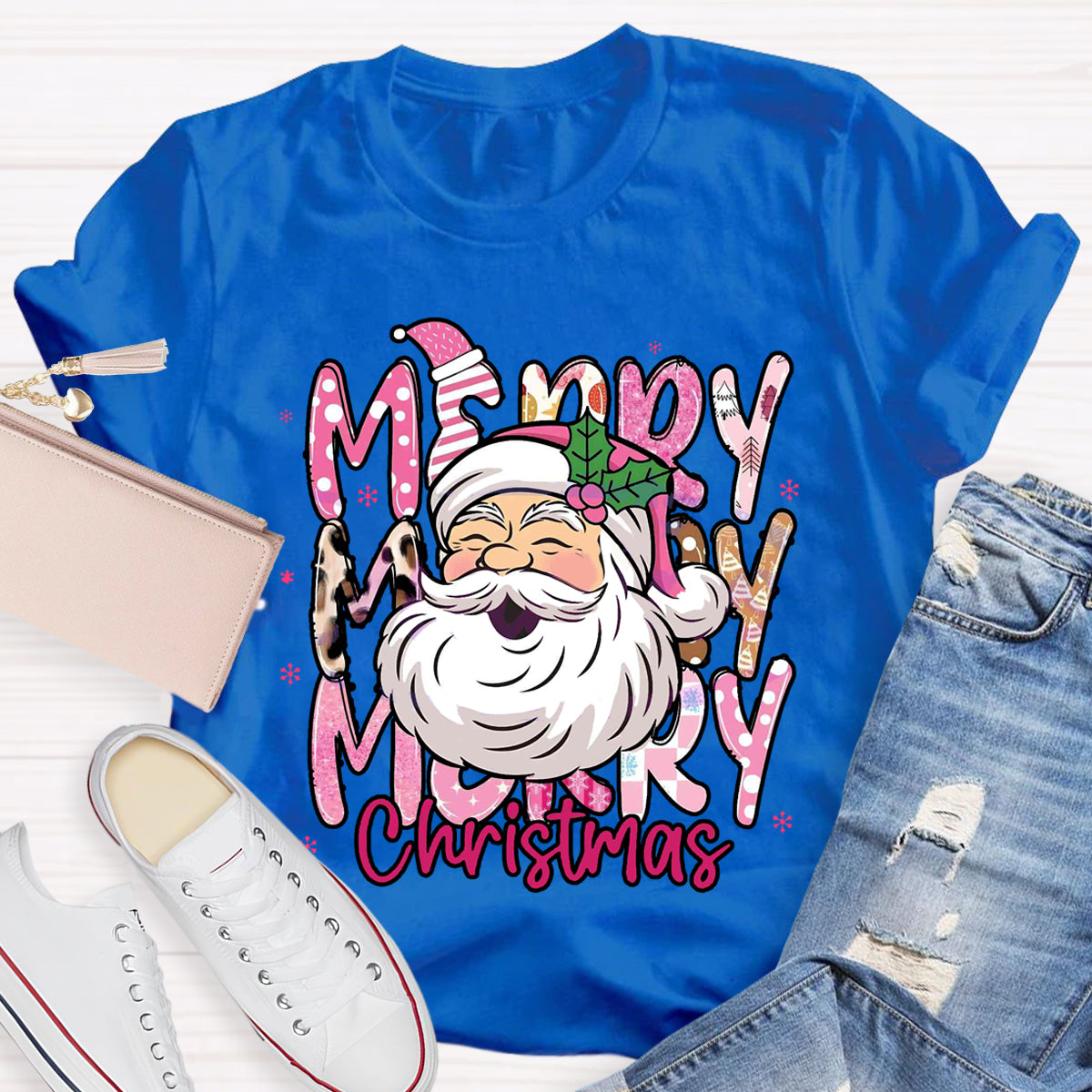 Pink Santa Claus Merry Christmas Teacher T-Shirt