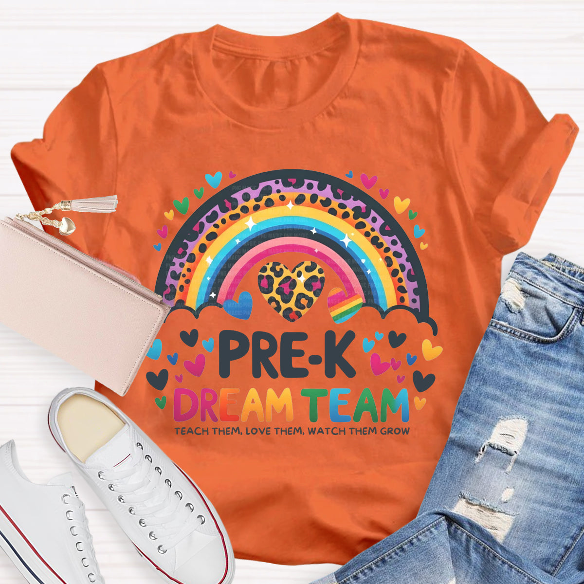 Personalized Grade Pre-K Dream Team Leopard Rainbow Teacher T-Shirt