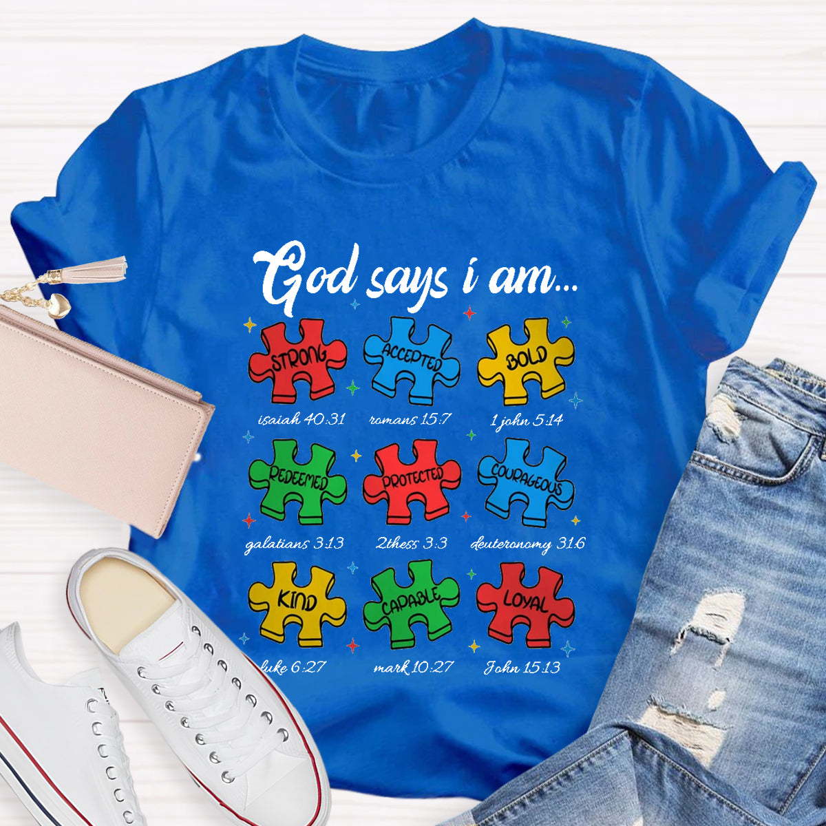 God Says I am Strong Puzzle Pieces Autism T-Shirt